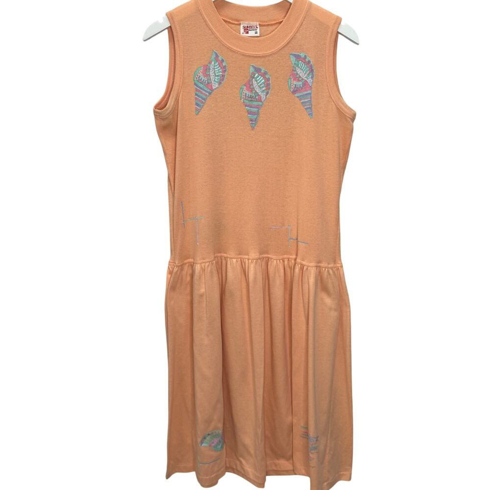 Vintage Sunbelt Sleeveless Midi Dress Coral Orange Puffy Seashells Birds Size L